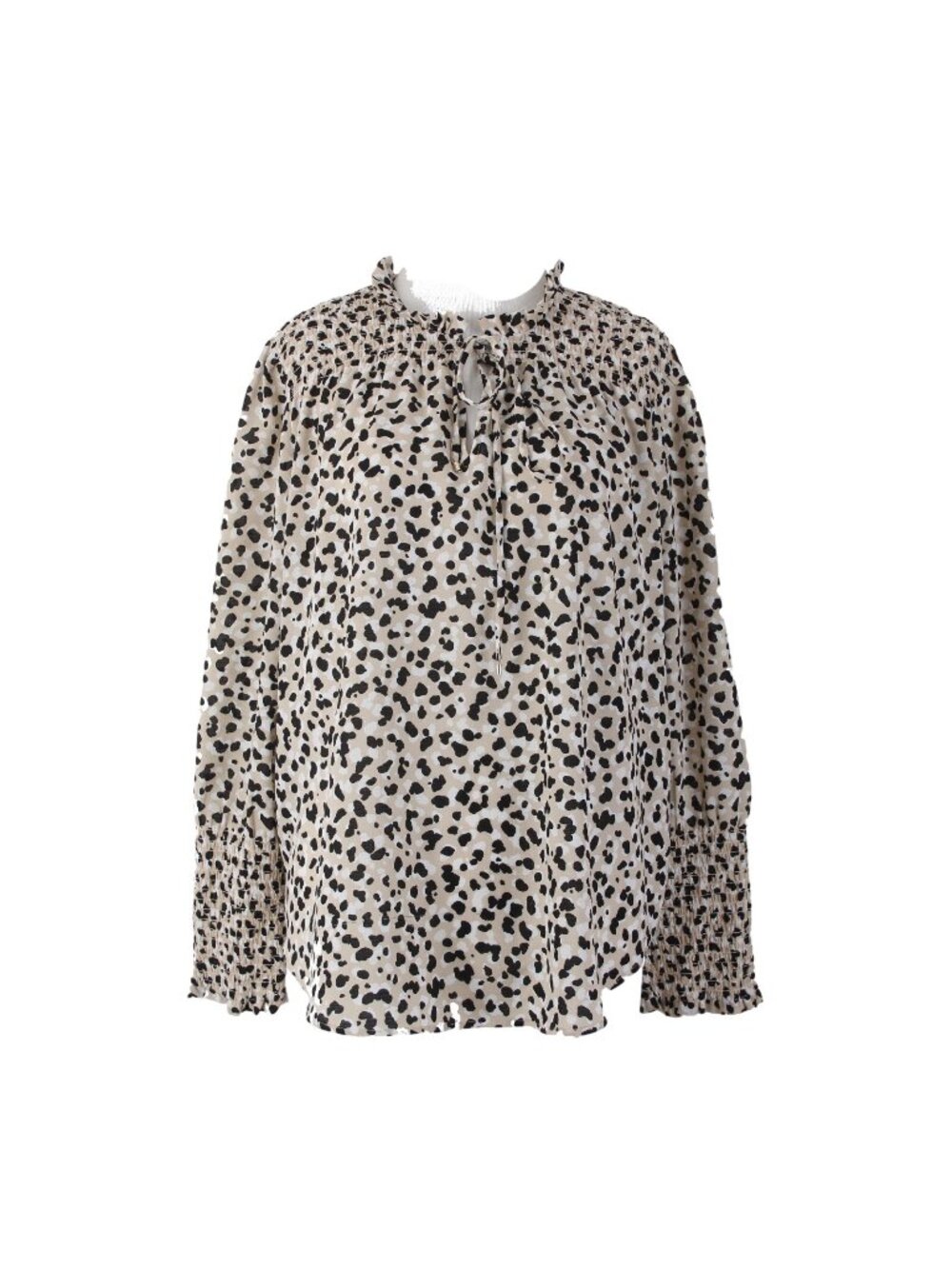 Ann Taylor Top Sz M Brown Black White Animal Print Ruched Neck 100% Poly Top